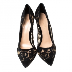 Pre Owned Gianvito Rossi Black Suede/Lace Pointed Toe Pumps Size 37.5