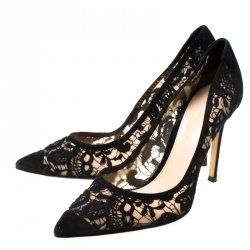 Pre Owned Gianvito Rossi Black Suede/Lace Pointed Toe Pumps Size 37.5
