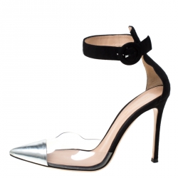 Pre Owned Gianvito Rossi Black/Silver Leather And PVC Ankle Strap Pointed Toe Sandals Size 37