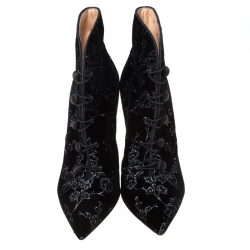 Pre Owned Gianvito Rossi Black Floral Embroidered Velvet Empress Ankle Booties Size 40