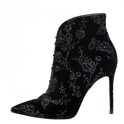 Pre Owned Gianvito Rossi Black Floral Embroidered Velvet Empress Ankle Booties Size 40