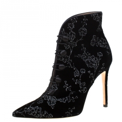 Pre Owned Gianvito Rossi Black Floral Embroidered Velvet Empress Ankle Booties Size 40