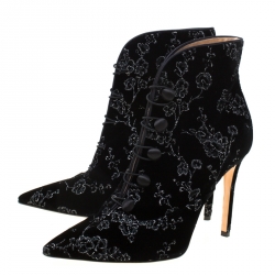Pre Owned Gianvito Rossi Black Floral Embroidered Velvet Empress Ankle Booties Size 40