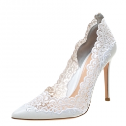 Pre Owned Gianvito Rossi White 105 Lace and Leather Pointed Toe Pumps Size 38