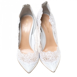 Pre Owned Gianvito Rossi White 105 Lace and Leather Pointed Toe Pumps Size 38