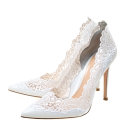 Pre Owned Gianvito Rossi White 105 Lace and Leather Pointed Toe Pumps Size 38