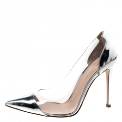 Pre Owned Gianvitto Rossi Silver Patent Leather and PVC Plexi Pointed Toe Pumps Size 39.5