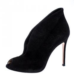 Pre Owned Gianvito Rossi Black Suede Vamp Peep Toe Booties Size 38