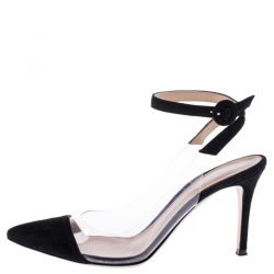 Pre Owned Gianvito Rossi Black Suede and PVC Ankle Strap Pointed Toe Sandals Size 37.5