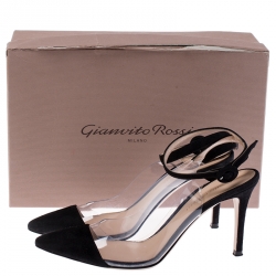 Pre Owned Gianvito Rossi Black Suede and PVC Ankle Strap Pointed Toe Sandals Size 37.5