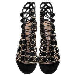 Pre Owned Gianvito Rossi Black/Gold Suede Cut Out Open Toe Button Strap Sandals Size 39