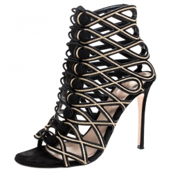 Pre Owned Gianvito Rossi Black/Gold Suede Cut Out Open Toe Button Strap Sandals Size 39