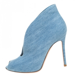 Pre Owned Gianvito Rossi Blue Denim Fabric Vamp Peep Toe Booties Size 38