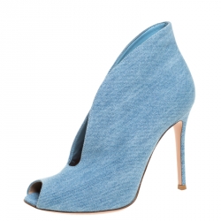 Pre Owned Gianvito Rossi Blue Denim Fabric Vamp Peep Toe Booties Size 38