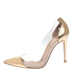 Pre Owned Gianvito Rossi Gold Leather And PVC Plexi Pointed Toe Pumps Size 39.5