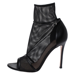 Pre Owned Gianvito Rossi Black Mesh And Leather Trim Idol Peep Toe Booties Size 40