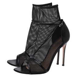 Pre Owned Gianvito Rossi Black Mesh And Leather Trim Idol Peep Toe Booties Size 40