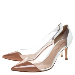 Pre Owned Gianvito Rossi White/Beige Patent Leather And  PVC Plexi Pointed Toe Pumps Size 39.5