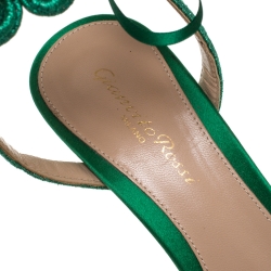 Pre Owned Gianvito Rossi Green Embroidered Fabric And Satin Lace Ankle Wrap Open Toe Sandals Size 37.5