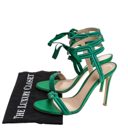 Pre Owned Gianvito Rossi Green Embroidered Fabric And Satin Lace Ankle Wrap Open Toe Sandals Size 37.5