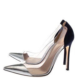 Pre Owned Gianvito Rossi Silver/Blue Leather/Suede and  PVC Plexi Pointed Toe Pump Size 39