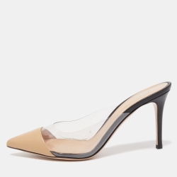 Pre Owned Gianvito Rossi Beige /Black Leather and PVC  Plexi  Pointed Toe Mules Size 38.5