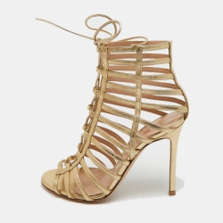 Pre Owned Gianvito Rossi Metallic Gold Leather Lace Up Caged Sandals Size 36