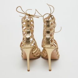 Pre Owned Gianvito Rossi Metallic Gold Leather Lace Up Caged Sandals Size 36