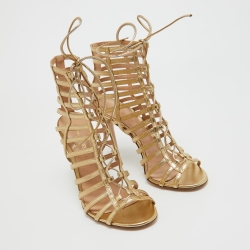 Pre Owned Gianvito Rossi Metallic Gold Leather Lace Up Caged Sandals Size 36