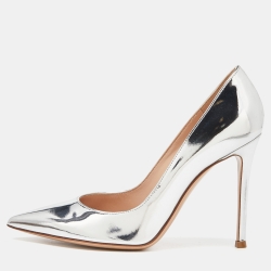 Pre Owned Gianvito Rossi Silver Laminated Leather Pointed Toe Pumps Size 37