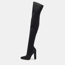 Black Knit Fabric Knee Length Boots