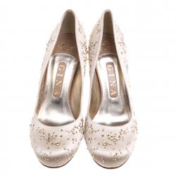 Pre Owned حذاء كعب عالي جينا ساتان بيج مرصع كريستال مقاس 38