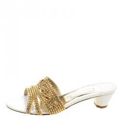 Pre Owned Gina Gold Crystal Embellished Slides Size 41