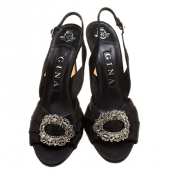 Pre Owned صندل جينا فتحة كعب مزخرف بروش كريستال ساتان أسود مقاس 38