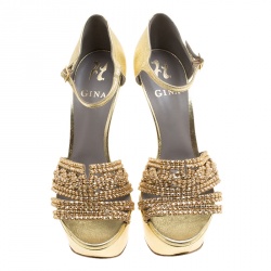 Pre Owned Gina Metallic Gold Leather Sheridan Crystal Embellished Platform Ankle Strap Sandals Size 39.5