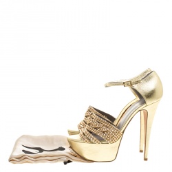 Pre Owned Gina Metallic Gold Leather Sheridan Crystal Embellished Platform Ankle Strap Sandals Size 39.5