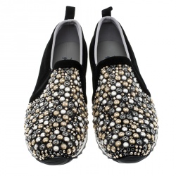 Pre Owned Gina Black Satin Crystal Embellished Slip On Sneakers Size 39