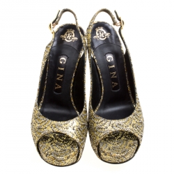 مملوكة مسبقًا Gina Metallic Gold Glitter Peep Toe Platform Slingback Sandals Size 37
