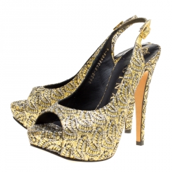 مملوكة مسبقًا Gina Metallic Gold Glitter Peep Toe Platform Slingback Sandals Size 37