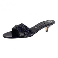 Pre Owned Gina Blue Crystal Kitten Heel Slides Size 38