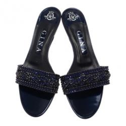 Pre Owned Gina Blue Crystal Kitten Heel Slides Size 38