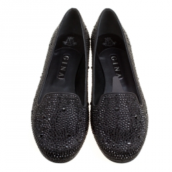 Pre Owned حذاء سليبرز جينا سموكينغ ساتان مزخرف كريسال سوداء مقاس 38