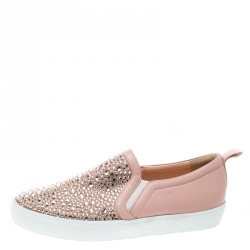 Pre Owned Gina Pink Leather and Crystal Embellished Satin Gioia Slip On Skate Sneakers Size 39