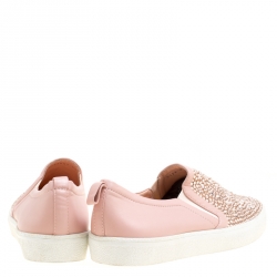 Pre Owned Gina Pink Leather and Crystal Embellished Satin Gioia Slip On Skate Sneakers Size 42