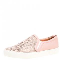Pre Owned Gina Pink Leather and Crystal Embellished Satin Gioia Slip On Skate Sneakers Size 42