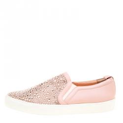 Pre Owned Gina Pink Leather and Crystal Embellished Satin Gioia Slip On Skate Sneakers Size 42
