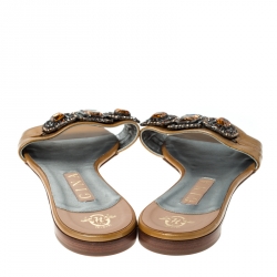 مملوكة مسبقًا Gina Yellow Patent Leather Crystal Embellished Slip On Flat Sandals Size 41