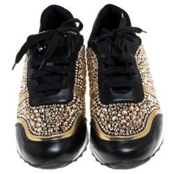 Pre Owned Gina Black Leather/Satin Luminosa Swarovski Sneakers Size 41