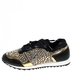Pre Owned Gina Black Leather/Satin Luminosa Swarovski Sneakers Size 41