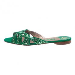 Pre Owned Gina Green Canvas Crystal Sabrina Flat Sandals Size 37.5